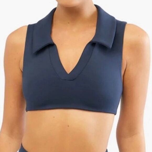 NWT WeWoreWhat Polo Bra Top Women's Size L Navy Blue Collar Revolve V-Neck Shirt - Picture 2 of 10